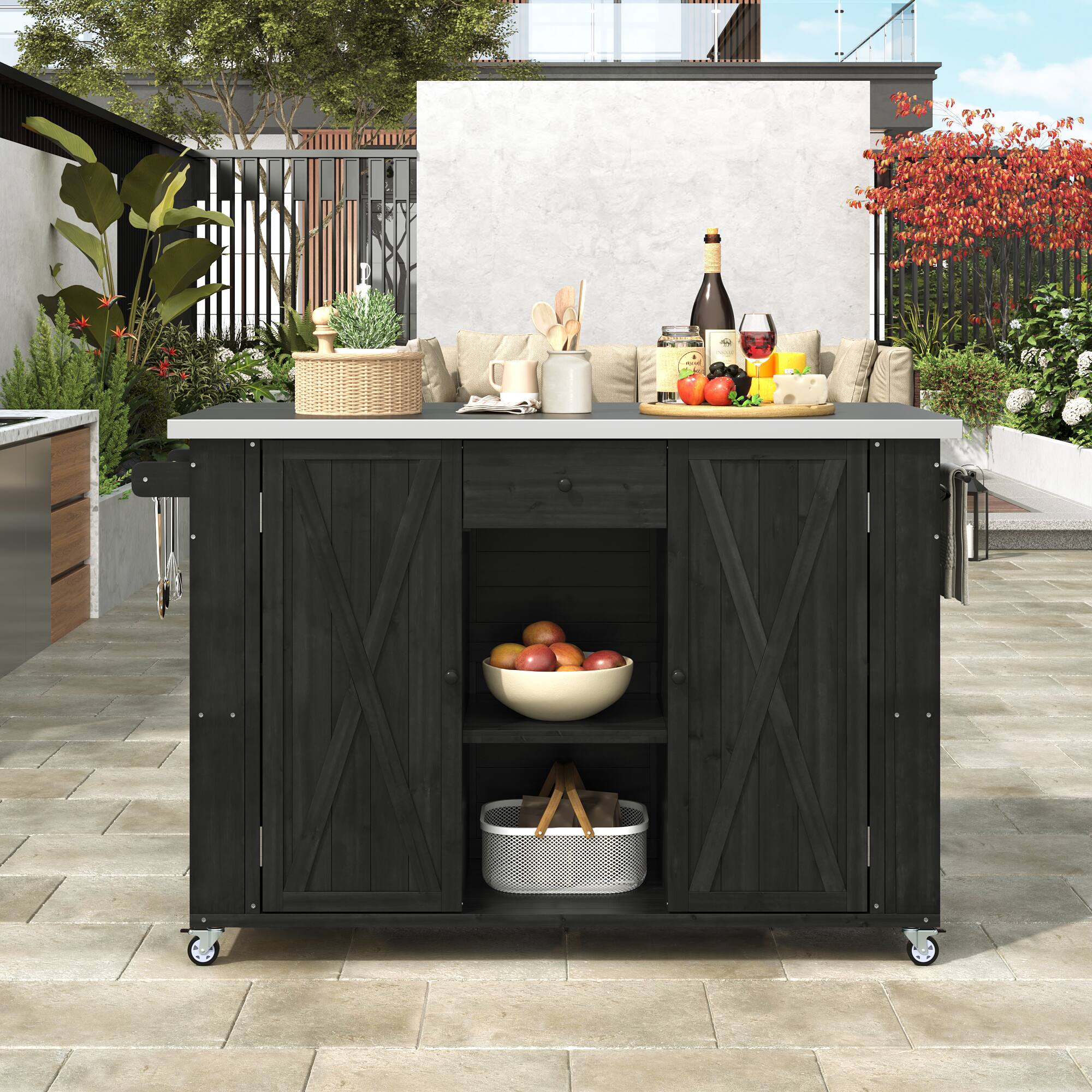 Angle. Mondawe - Fir Wood Outdoor Kitchen Island with Stainless Steel Top, Towel and Spice Racks and a Bottle Opener - Black.