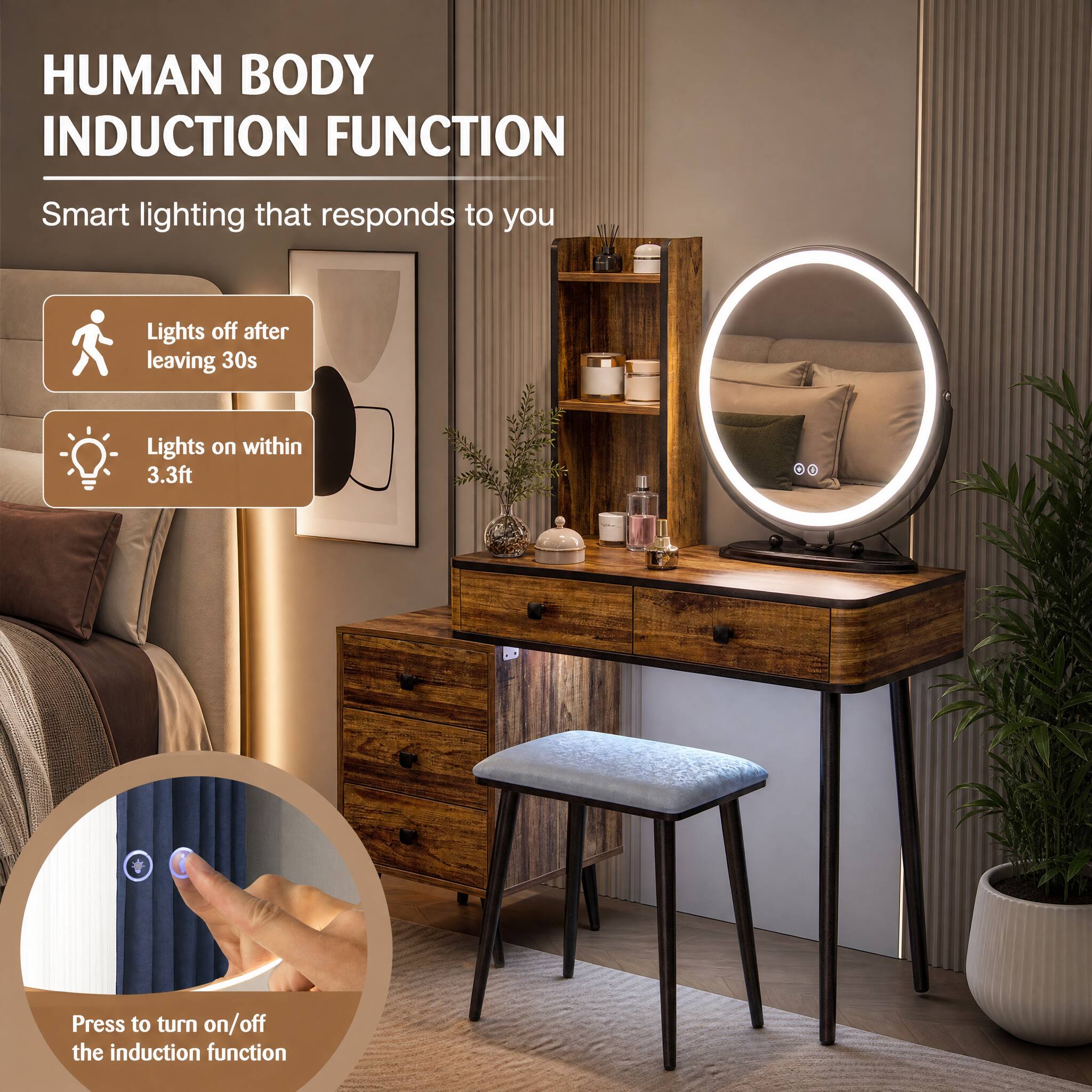 HUMAN BODY INDUCTION FUNCTION

Smart lighting that responds to you

Lights off after leaving 30s

Lights on within 3.3ft

Press to turn on/off the induction function