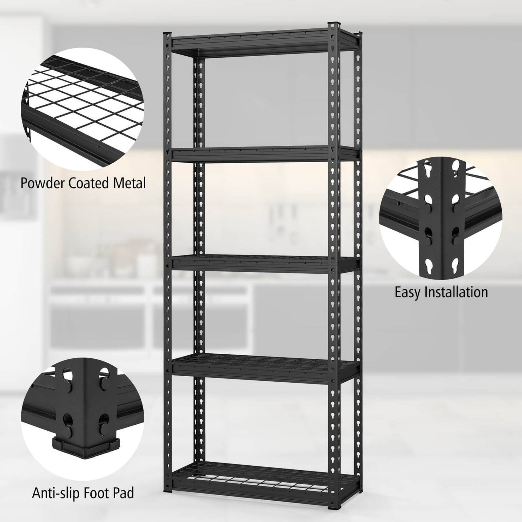 Alt View 8. Gymax - Gymax 4PCS 5-Tier Metal Shelving Unit Heavy Duty Wire Storage Rack with Anti-slip Foot Pads - Black.