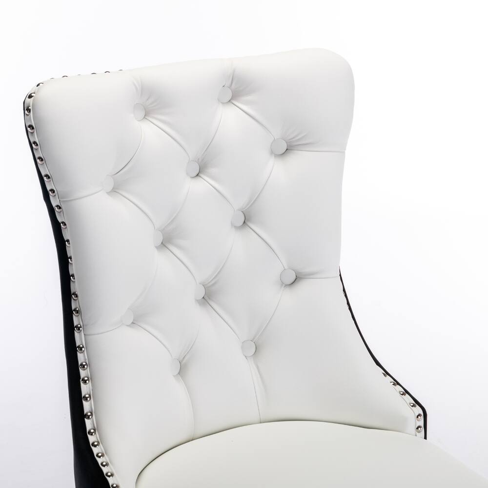Alt View 4. Loheer - Loheer Tufted Solid Wood Dining Chairs Set of 2 Modern PU Velvet Nailhead Trim White Black - White+Black.