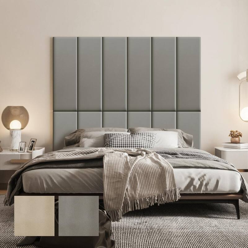 Front. wowmax - Peel & Stick Faux Leather Headboard - Waterproof 3D Wall Panel for King Bed, 35.4x11.8", Grey (12-Pack) - Grey.