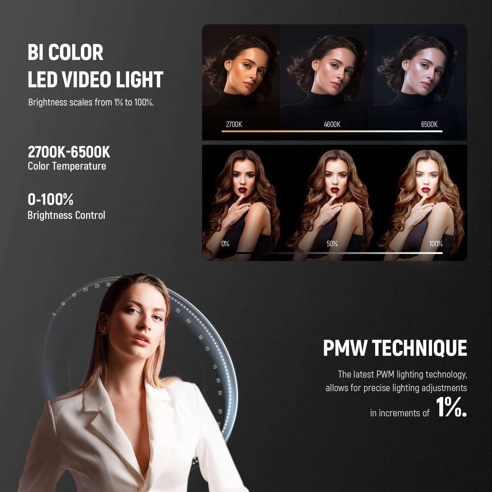BI COLOR LED VIDEO LIGHT  
Brightness scales from 1% to 100%.  

2700K-6500K  
Color Temperature  

0-100%  
Brightness Control  

PMW TECHNIQUE  
The latest PWM lighting technology, allows for precise lighting adjustments in increments of 1%.