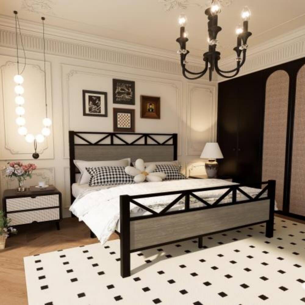 Angle. LUCKY ONE - Full Size Bed Frame with Industrial Style Headboard and Footboard, Metal Slats, No Box Spring Needed, Easy Assembly - Black+Brown.