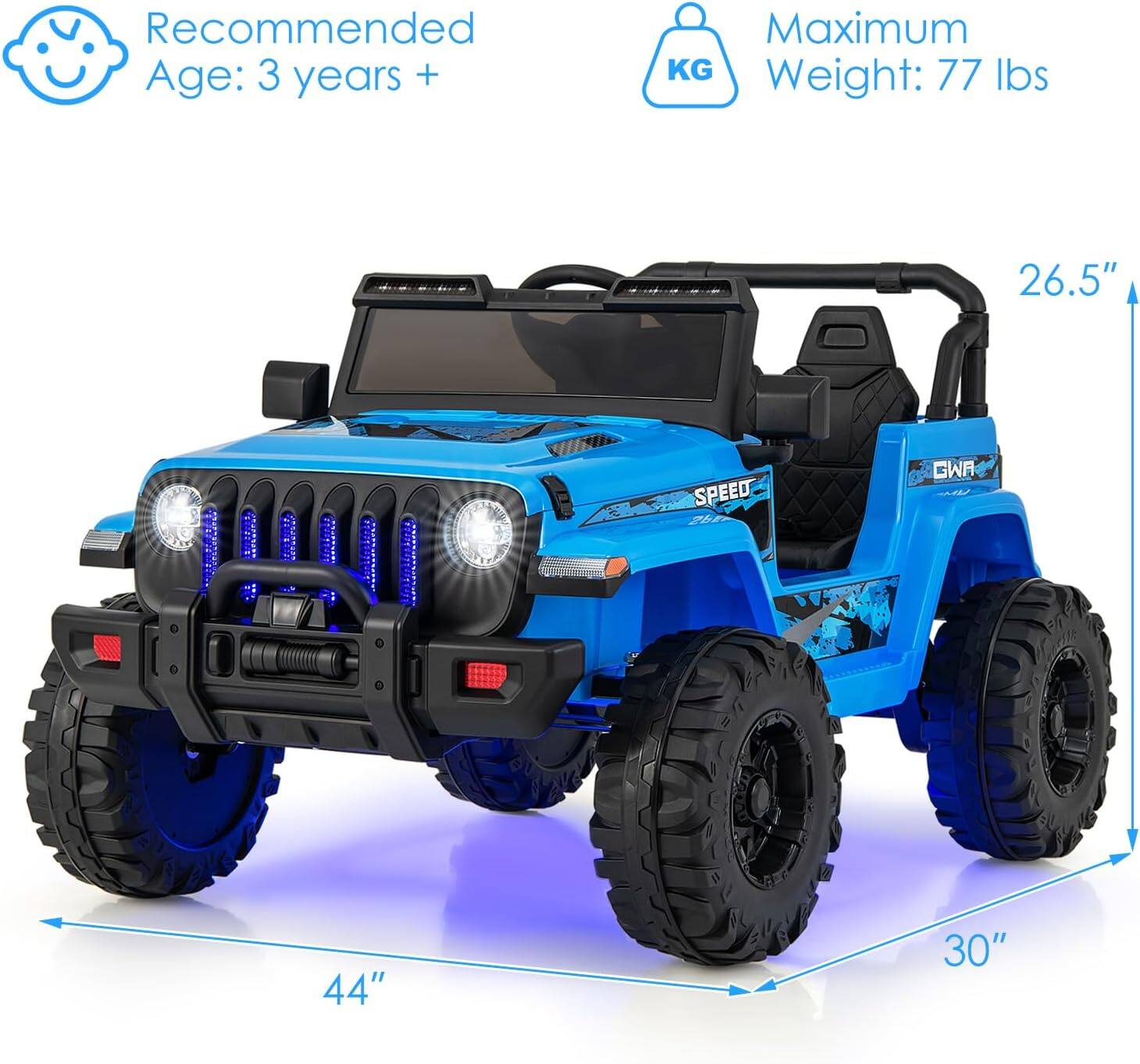 Recommended Age: 3 years +  
Maximum Weight: 77 lbs  

26.5"  
44"  
30"