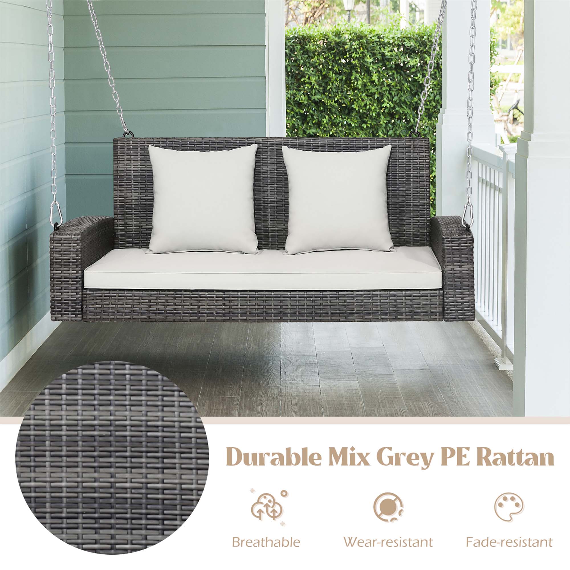 Alt View 4. Gymax - Gymax 2-Person Patio Hanging Porch Swing Rattan 800LBS Swing Bench w/ Off White Cushions - Off White.