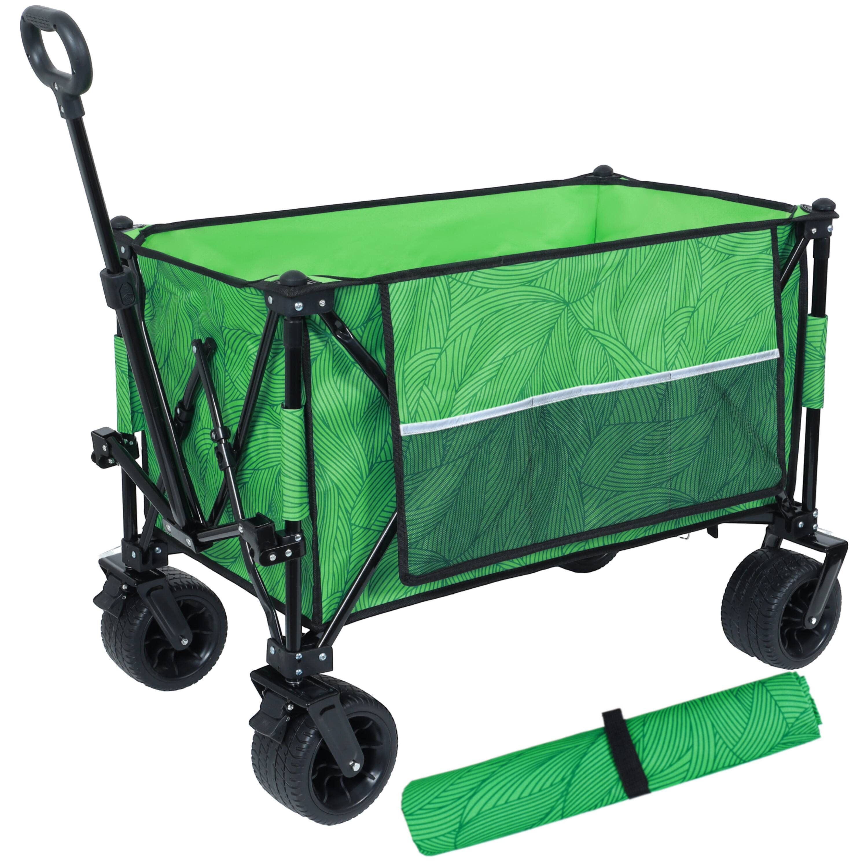 Front. APRILSOUL - Heavy-Duty 480lbs Folding Wagon Cart with Bonus Picnic Mat - All-Terrain Beach Wheels Drink Holders green line - Green.