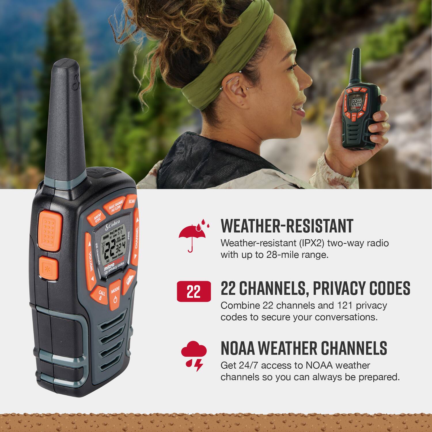 The text on the image is already grouped and correctly written. It describes the features of a weather-resistant two-way radio with up to 28-mile range, 22 channels, and 121 privacy codes to secure conversations. Additionally, it offers access to NOAA weather channels for 24/7 weather information.