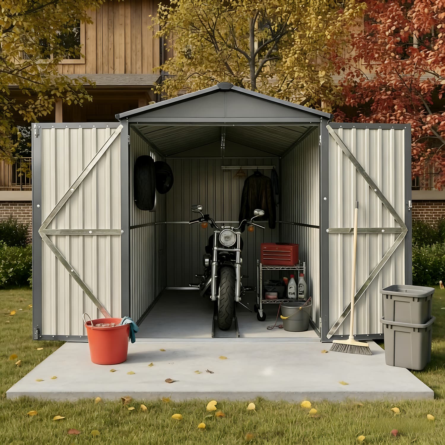 Loheer - Heavy Duty Motorcycle Storage Shed Outdoor Steel Garage with Tracks Window Grey
