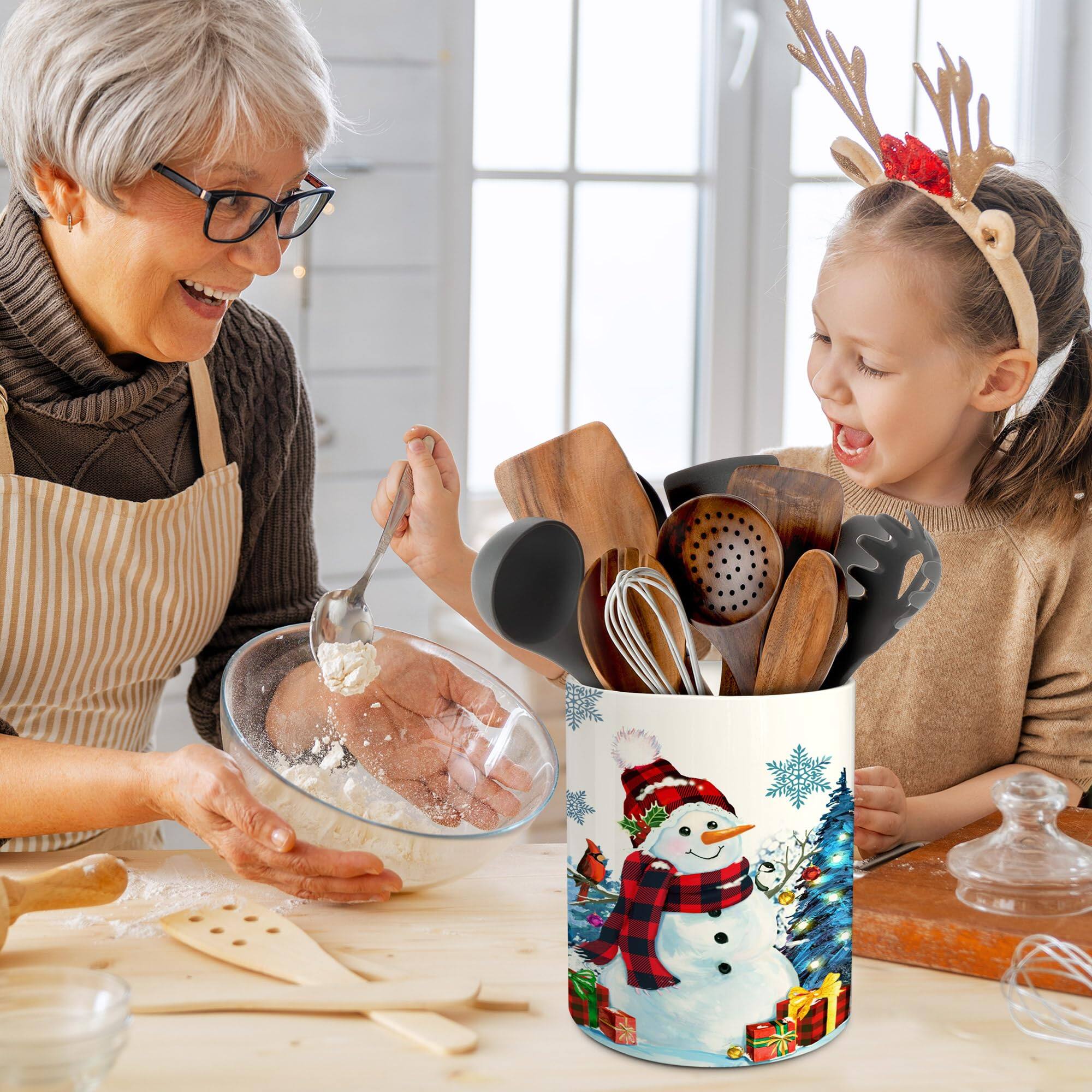 Alt View 7. Paradigms Interiors - Christmas Kitchen Decor Ceramic Utensil Holder Cute Snowman Utensils Xmas Crock For Rustic Farmhouse Indoor... - Sunflower gnome02.