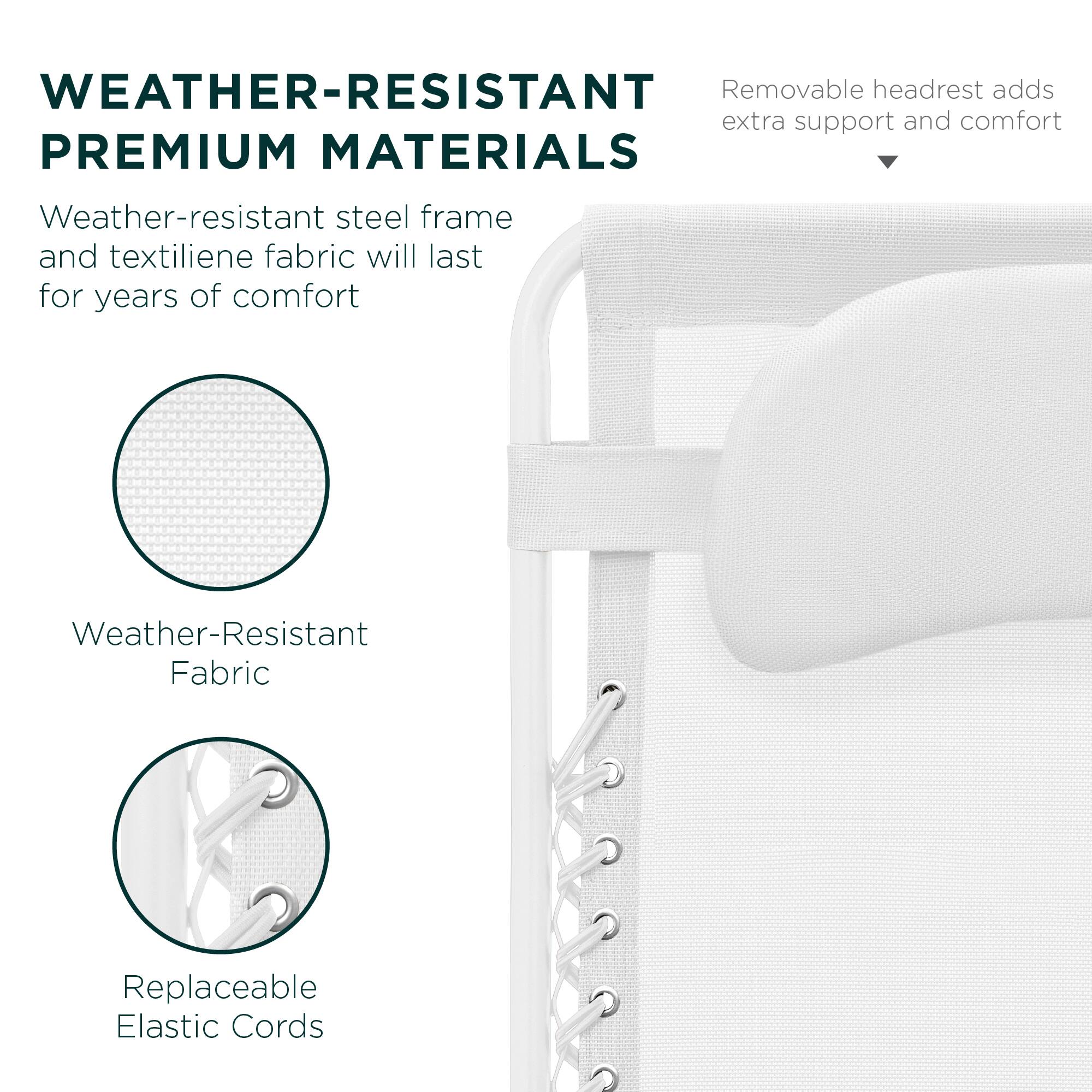 WEATHER-RESISTANT Removable headrest adds extra support and comfort. PREMIUM MATERIALS: Weather-resistant steel frame and textilene fabric will last for years of comfort. Weather-Resistant Fabric. Replaceable Elastic Cords.