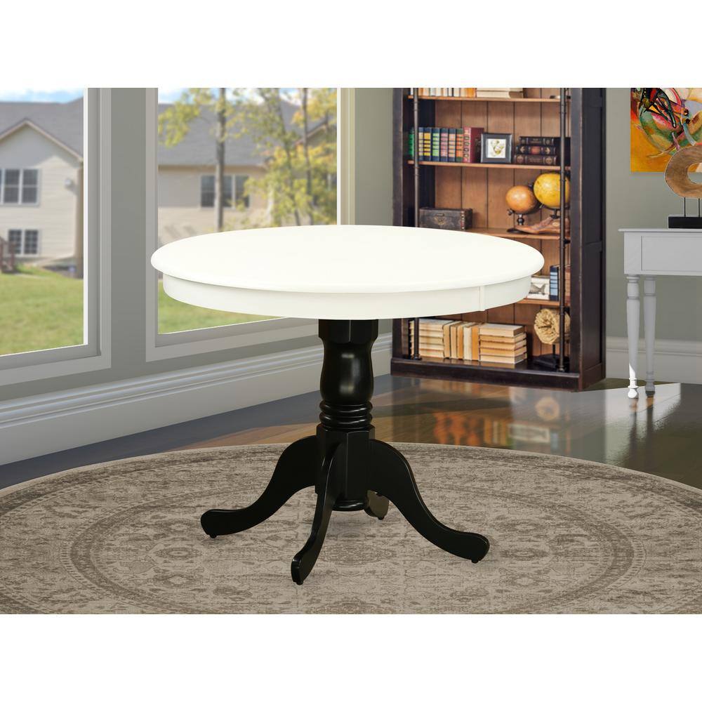 Angle. East West Furniture - East West Furniture ANT-LBK-TP Antique Modern Kitchen Round Dining Table with Pedestal Base, Linen White & Black - White & Black.