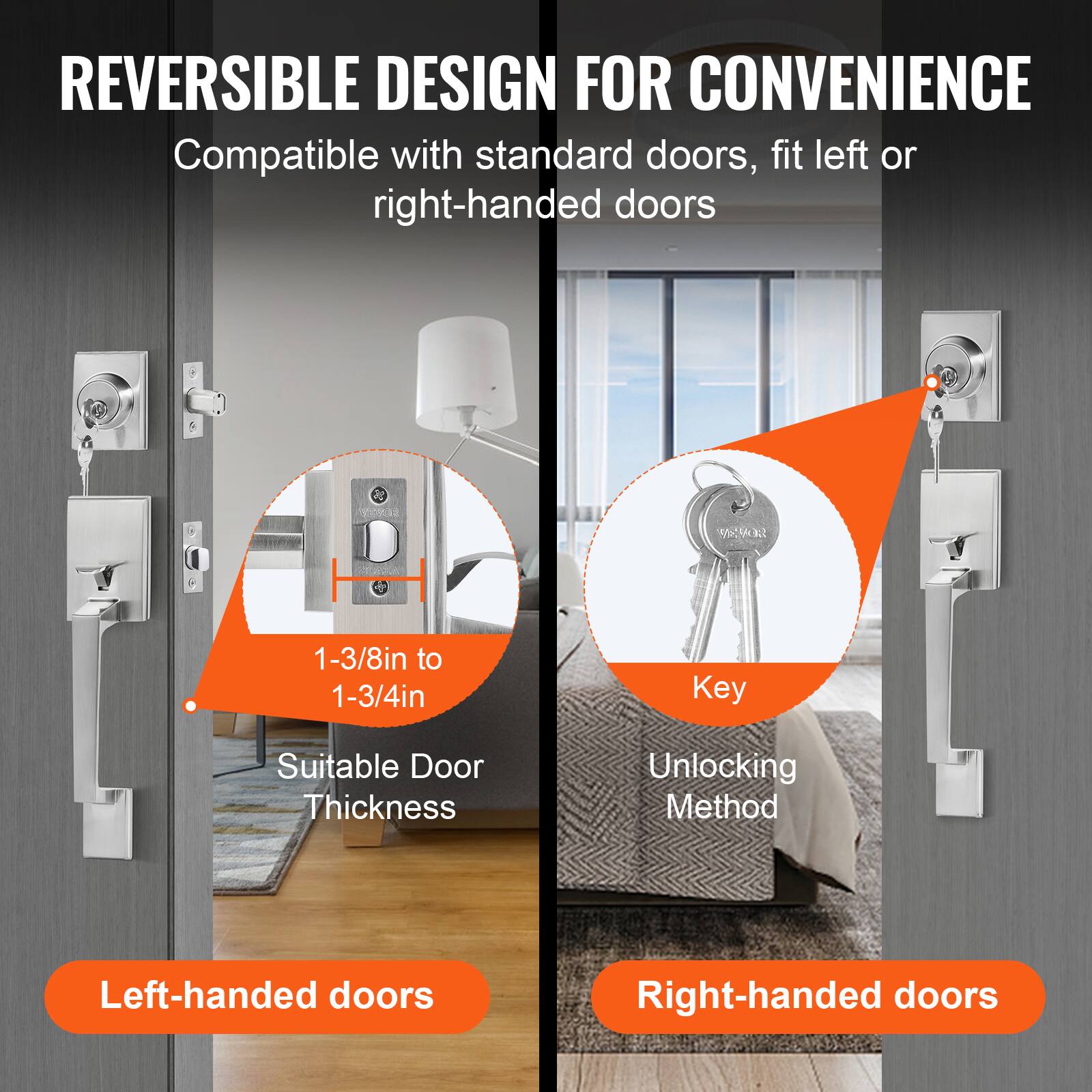 REVERSIBLE DESIGN FOR CONVENIENCE  
Compatible with standard doors, fit left or right-handed doors  
1-3/8in to 1-3/4in  
Key  
Suitable Door Thickness  
Unlocking Method  
Left-handed doors  
Right-handed doors
