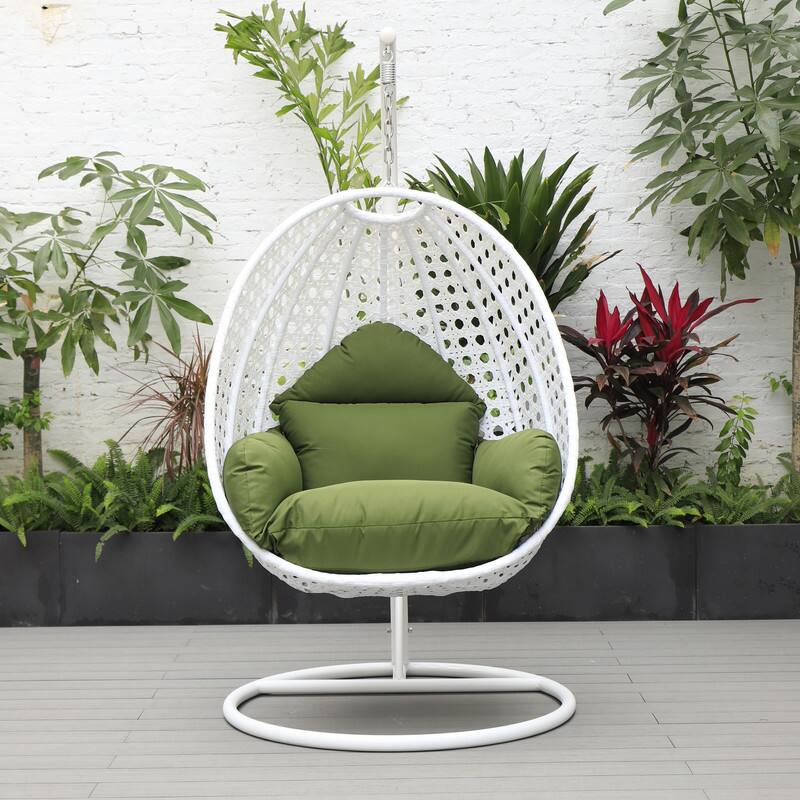 Back. LeisureMod - LeisureMod Modern Handwoven White Wicker Egg Swing Chair with Stand - Single Hanging Indoor/Outdoor Chair for Patio - Dark Green.