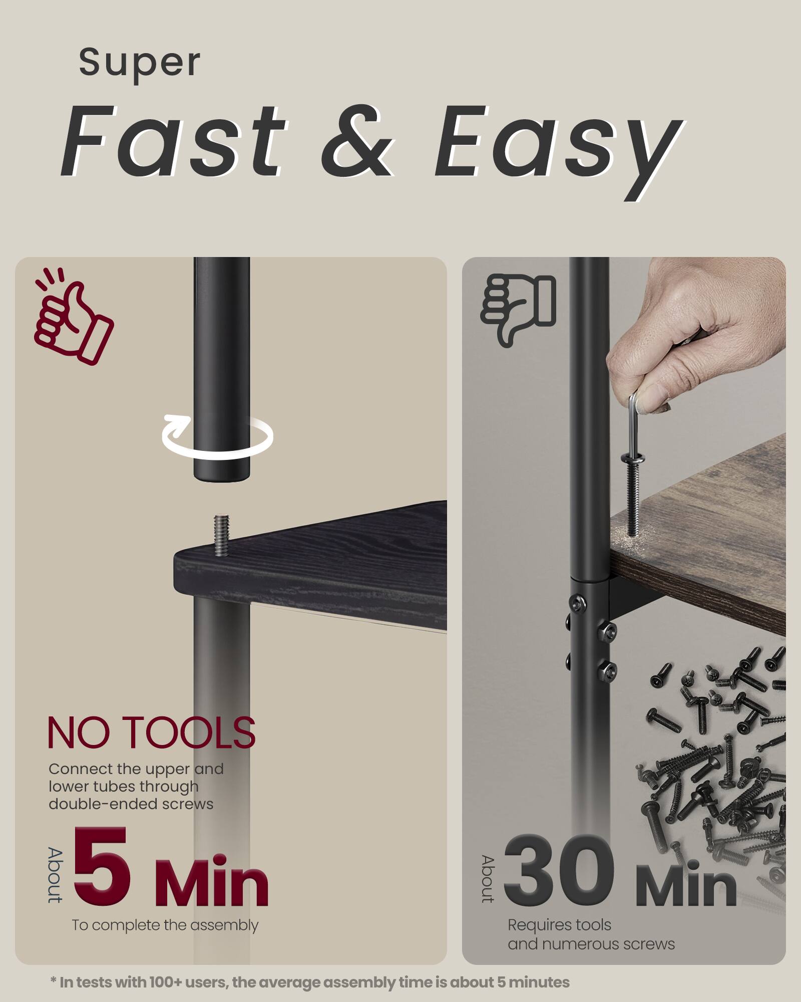 Super Fast & Easy

NO TOOLS  
Connect the upper and lower tubes through double-ended screws  
About 5 Min  
To complete the assembly  

About 30 Min  
Requires tools and numerous screws  

*In tests with 100+ users, the average assembly time is about 5 minutes