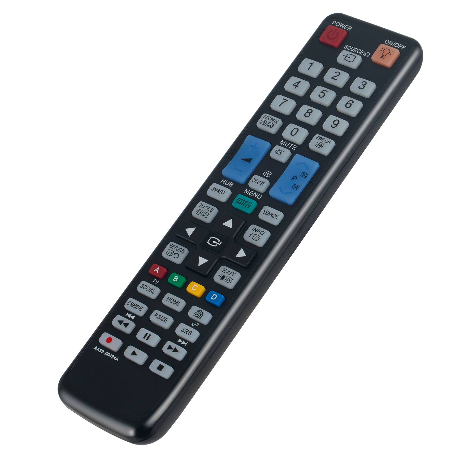 POWER SOURCED ON/OFF  
1 2 3 4 5 6 7 8 9 0  
TTXMIX  
MUTE PRE-CH  
HUB CHLIST  
SMART MENU TOOLS  
SEARCH INFO RETURN EXIT TV  
FX SOCIAL C D E-MANUAL HDMI  
P.SIZE SRS  
AAS8 00434A