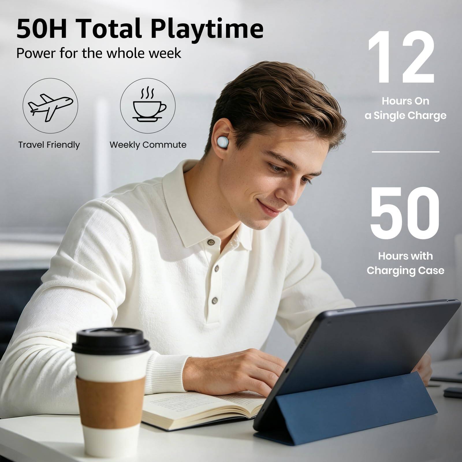 50H Total Playtime  
Power for the whole week  

12 Hours On a Single Charge  

Travel Friendly  
Weekly Commute  

50 Hours with Charging Case