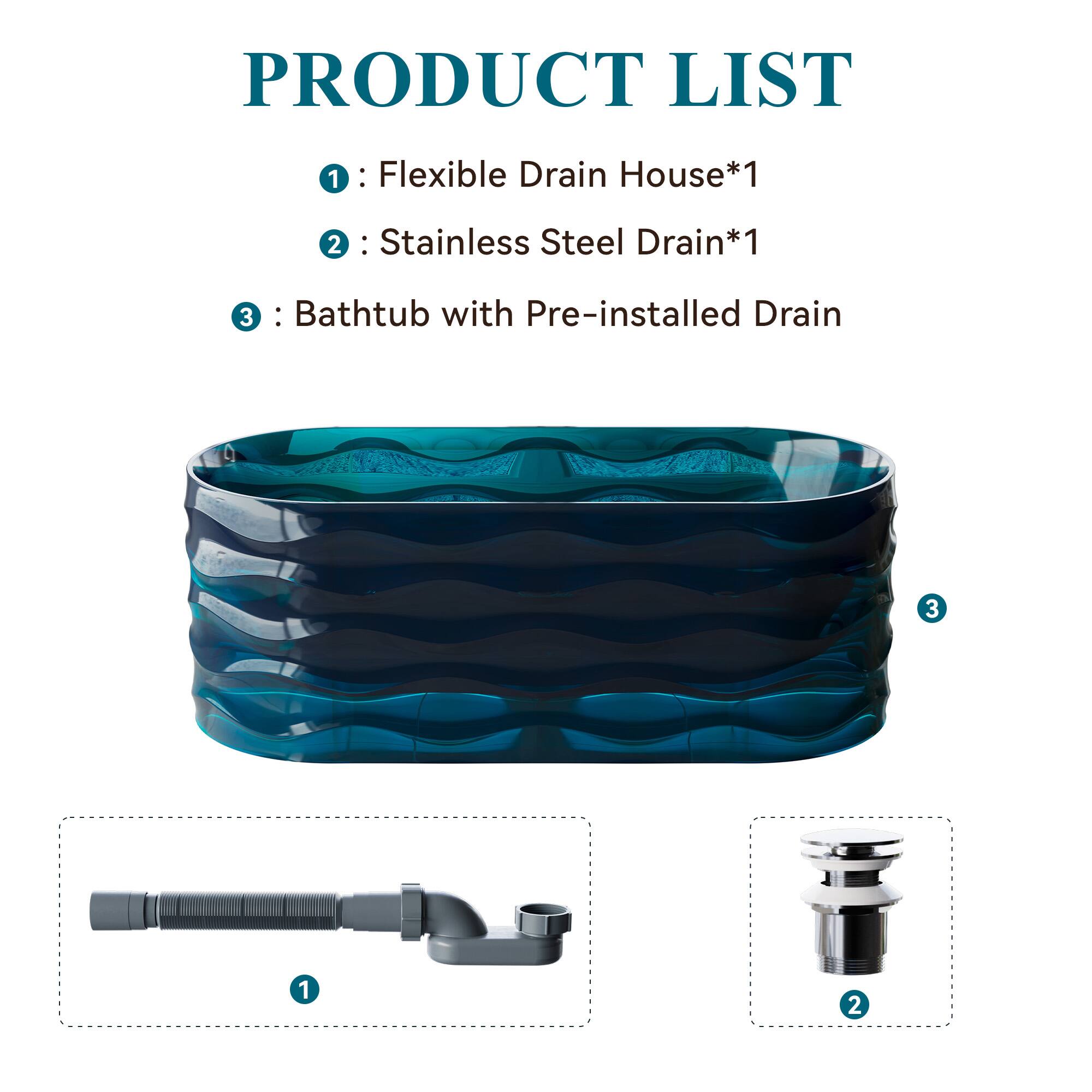 PRODUCT LIST

1: Flexible Drain House*1  
2: Stainless Steel Drain*1  
3: Bathtub with Pre-installed Drain