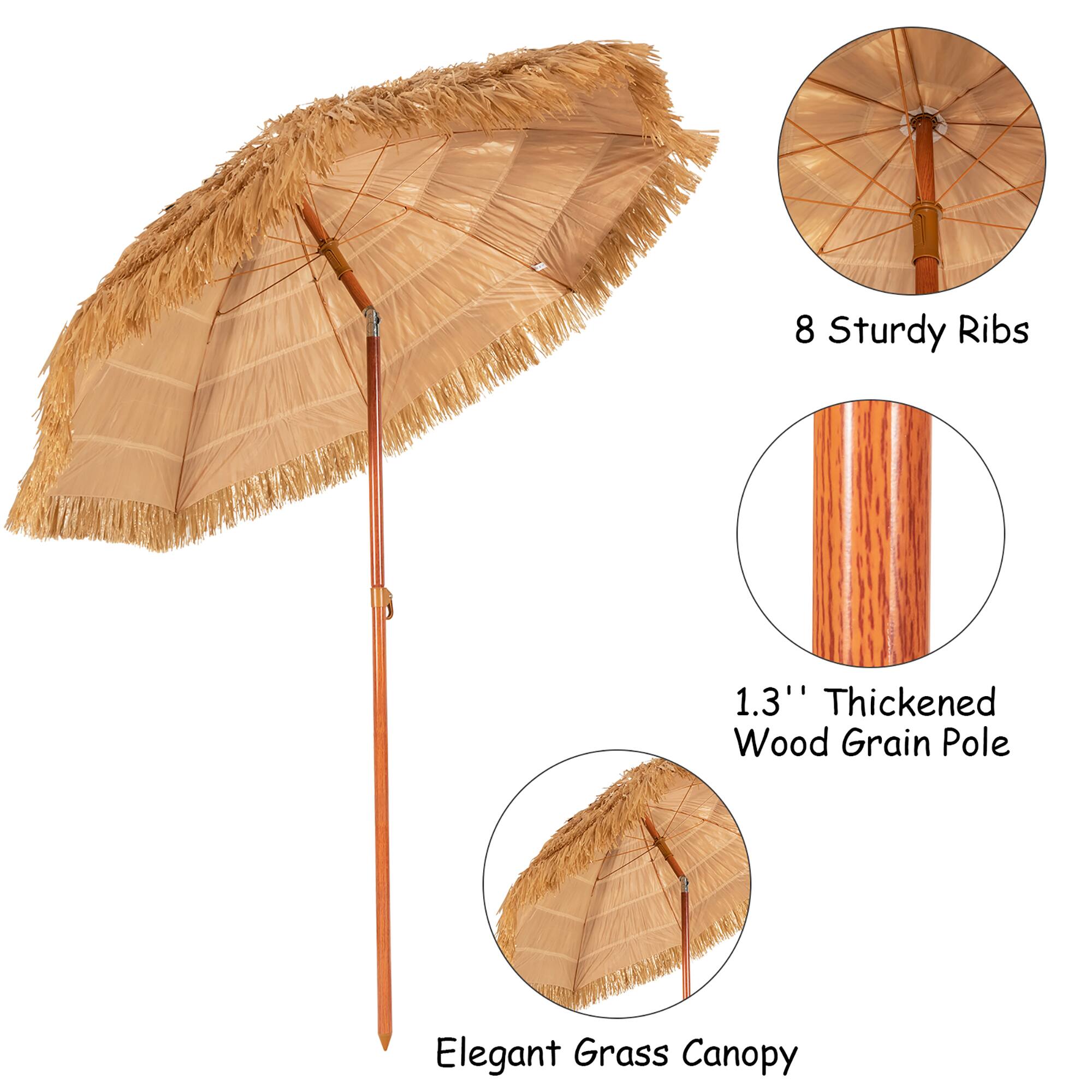 The text on the image reads: "8 sturdy ribs 1.3" thickened wood grain pole elegant grass canopy."