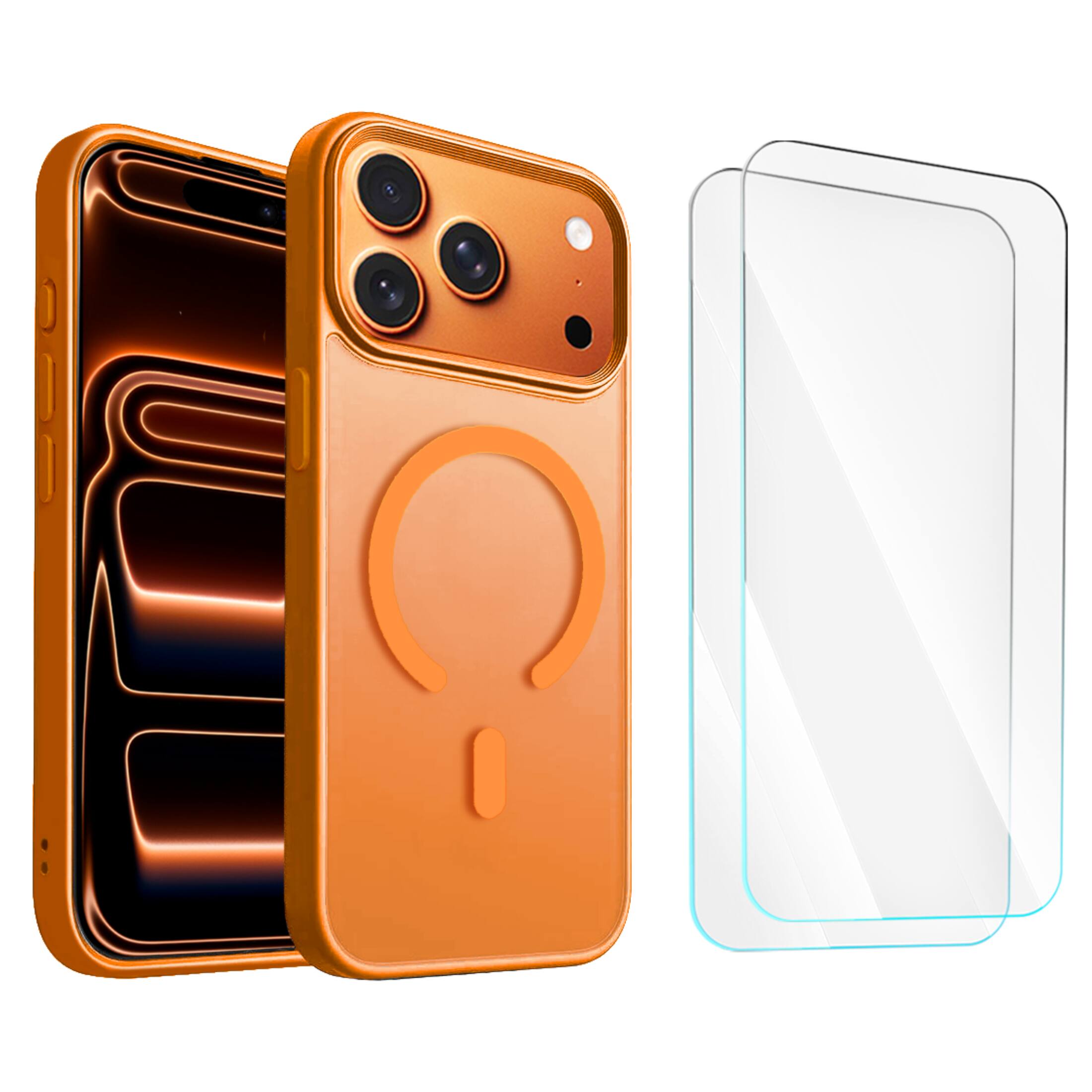 Entronix - Bundle Compatible with iPhone 17 Pro Max - [Magnetic] Translucent Matte Case & 2 Clear Screen Protectors - Orange