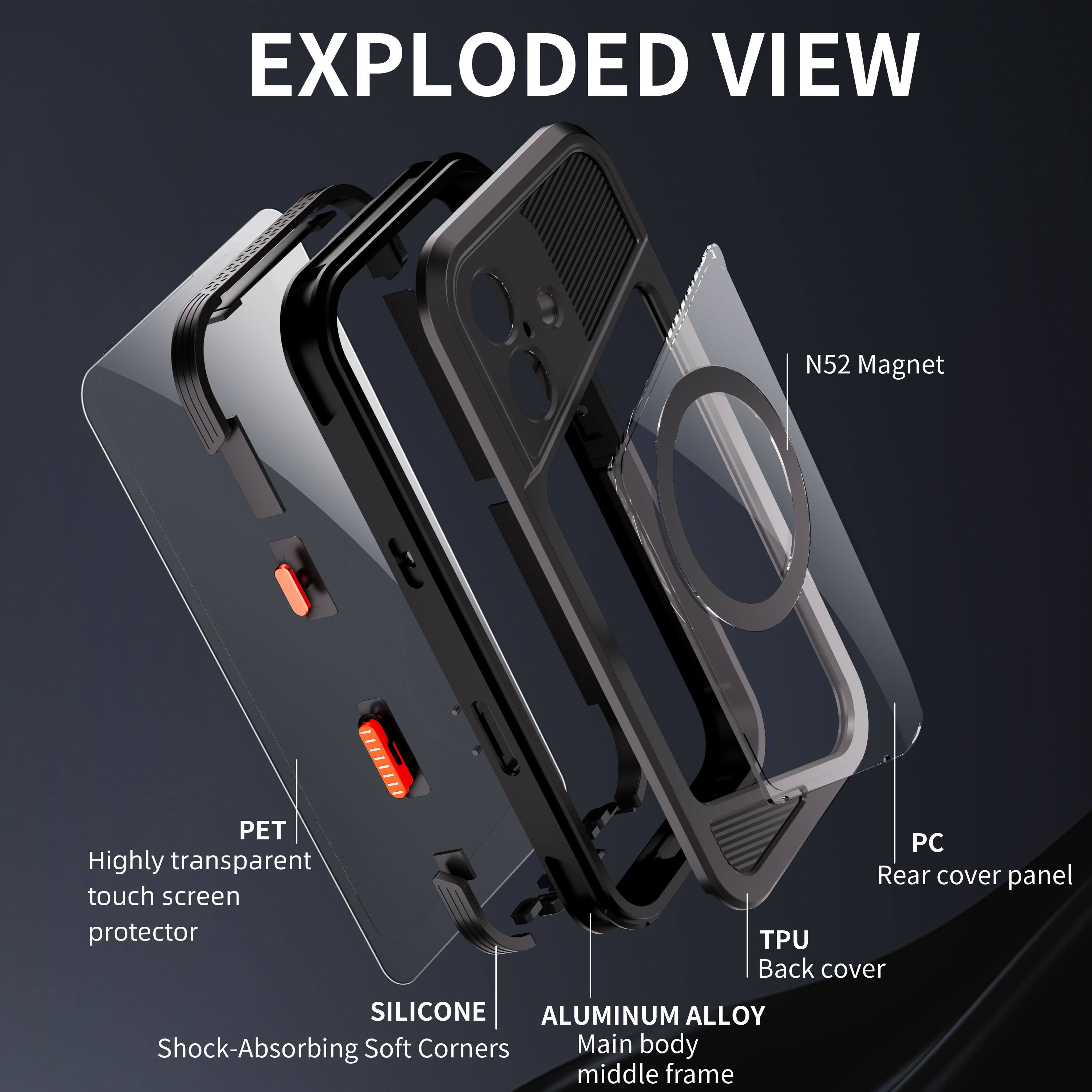 EXPLODED VIEW

N52 Magnet

PET
Highly transparent touch screen protector

SILICONE
Shock-Absorbing Soft Corners

ALUMINUM ALLOY
Main body middle frame

PC
Rear cover panel

TPU
Back cover