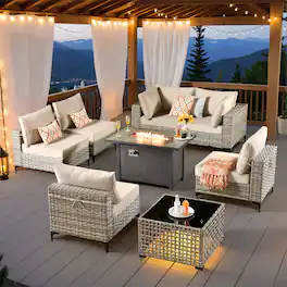 Ovios - 8 PCS Patio Furniture Sofa Set Sectional Couch with Coffee Table & 42" Fire Pit Table for Yard - Beige
