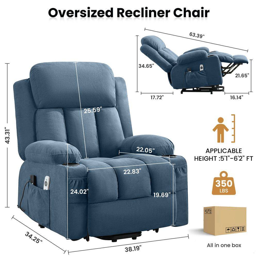 Oversized Recliner Chair

- 63.39" (length)
- 34.65" (width)
- 21.65" (depth)
- 43.31" (height)
- 25.59" (seat height)
- 17.72" (seat depth)
- 22.05" (armrest height)
- 16.14" (footrest height)
- 24.02" (side to side)
- 22.83" (backrest height)
- 19.69" (seat width)
- 350 LBS (weight capacity)
- 34.25" (footrest width)
- 38.19" (overall width)

Applicable Height: 5'1" - 6'2" FT

All in one box