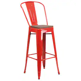 Flash Furniture - Lily 30" High Metal Barstool with Back and Wood Seat - Red