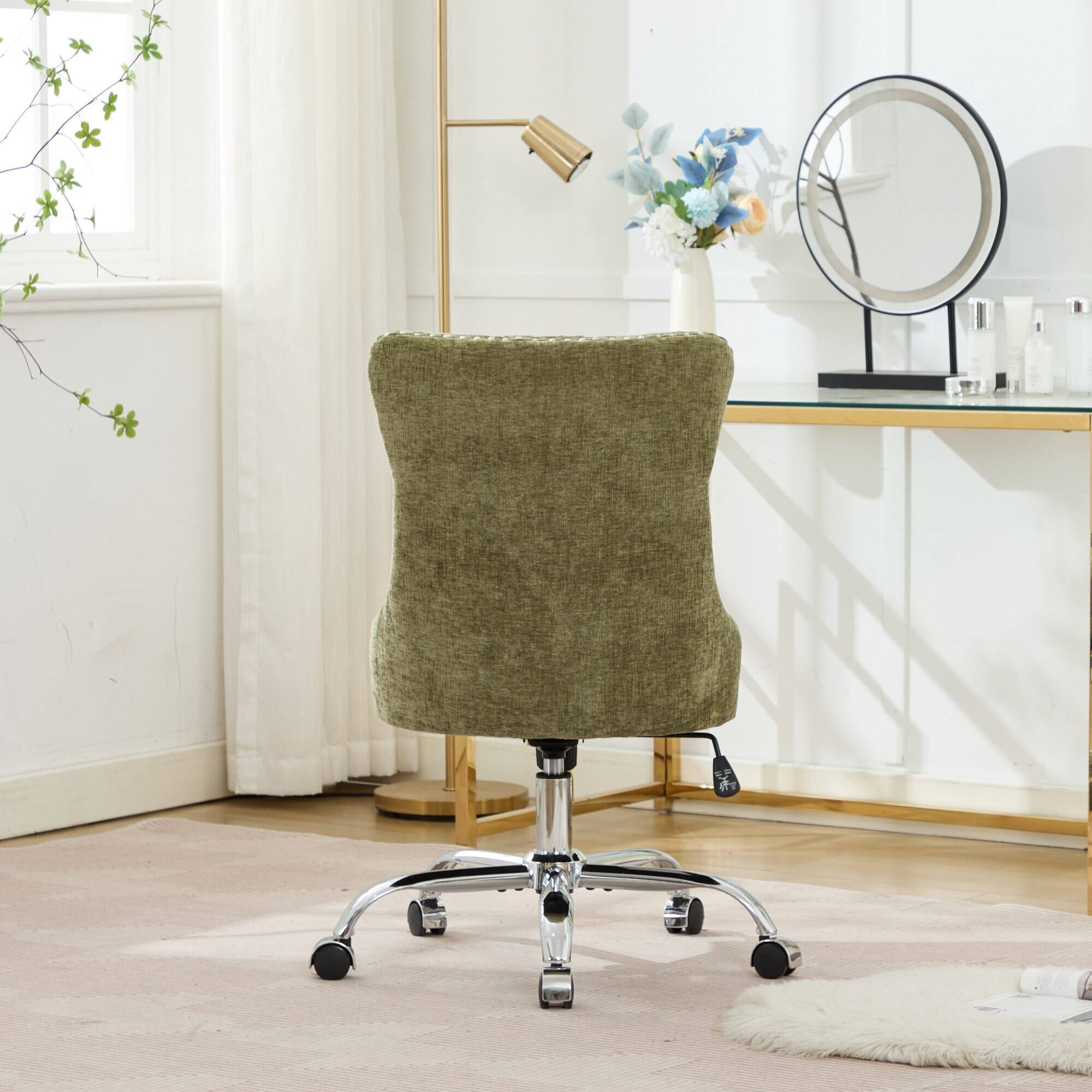 Alt View 2. Trinkets Crazed - Home Office Chair with Wheels & Silver Base,Chenille Fabric Makeup Vanity Chair with Tufted Back, Swivel Desk Chair - Green.