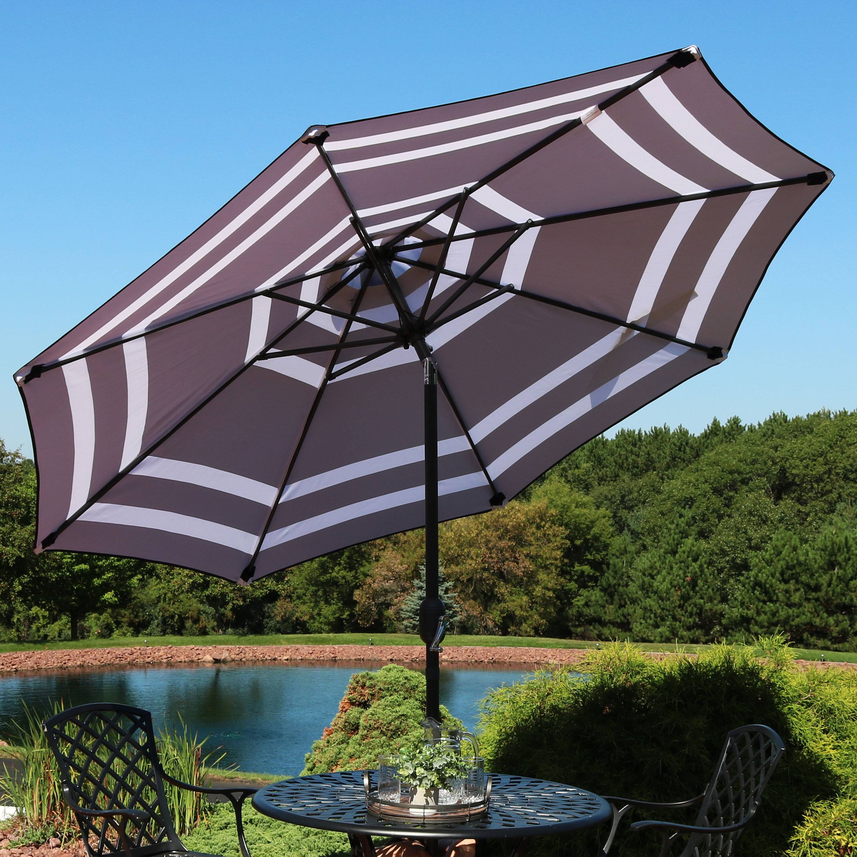 Alt View 5. Sunnydaze - 9 ft Aluminum Patio Umbrella with Tilt and Crank - Navy Blue Stripe.