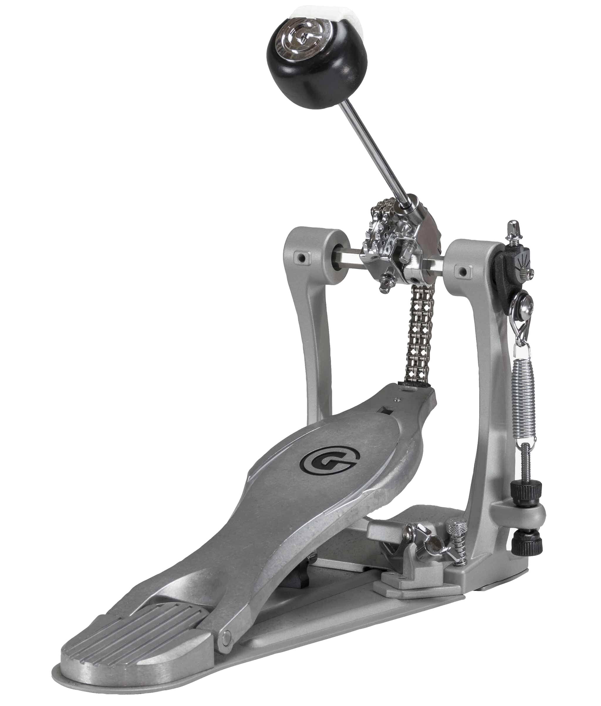 Angle. Gibraltar Hardware - Tour Class Double Chain Drive Bass Drum Pedal, with Compact Curved Frame, Patented Rocker Arm, Adjustable Beater.