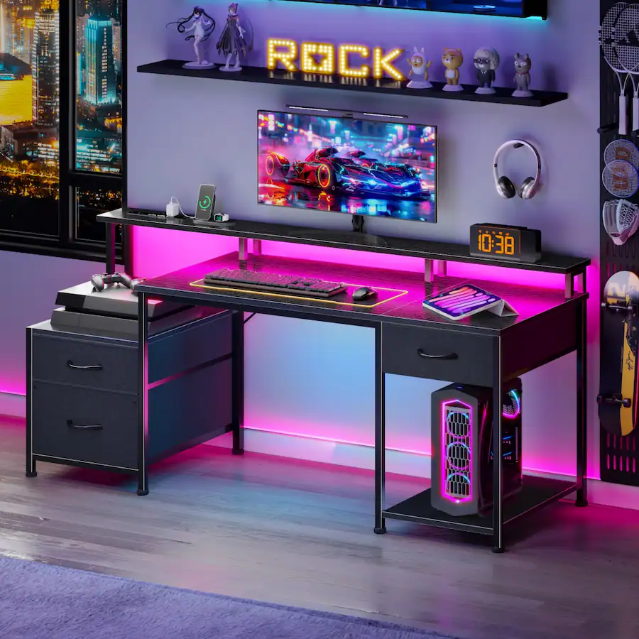 Outlet Flashlight Furnulem Gaming Desk with LED Lights Power Outlets Monitor Stand and ...