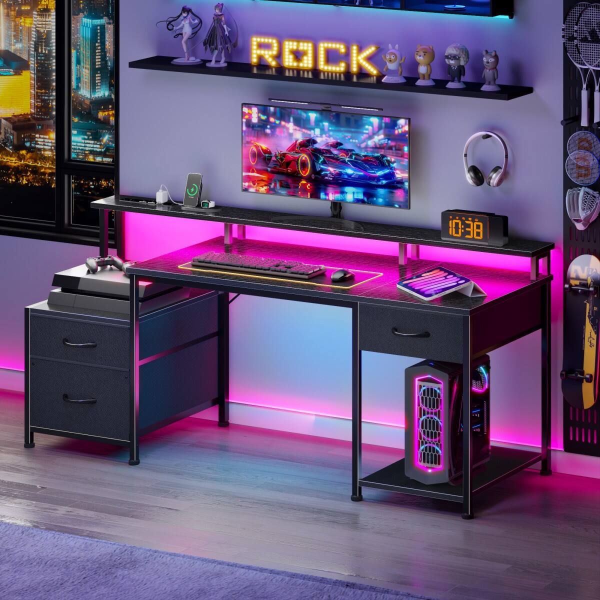 Furnulem Gaming Desk with LED Lights Power Outlets Monitor Stand and ...