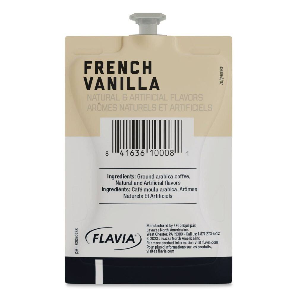 FRENCH VANILLA  
NATURAL & ARTIFICIAL FLAVORS  
ARÔMES NATURELS ET ARTIFICIELS  

Ingredients: Ground arabica coffee, Natural and Artificial flavors  
Ingredients: Café moulu arabica, Arômes Naturels Et Artificiels  

Manufactured by: Fabrique par:  
Lavazza North America Inc.  
West Chester, PA 19380  

Call us: 1-877-273-5812  

FLAVIA  
2023 Lavazza North America Inc.  

For more product information visit flavia.com  
Pour plus d'informations sur les produits, visitez flavia.com  

RM 600902838  

8 41636 10008 1