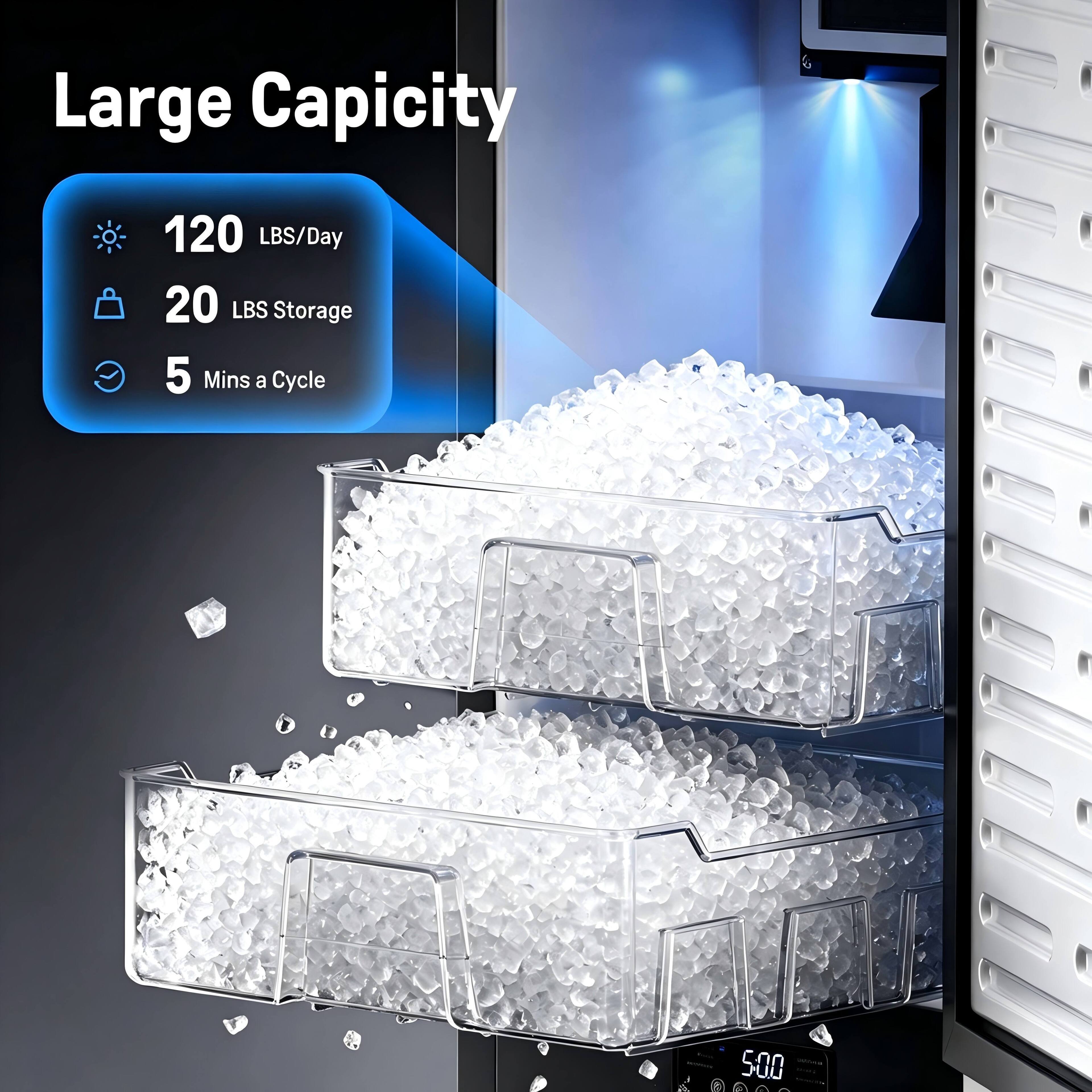 Large Capacity  
120 LBS/Day  
20 LBS Storage  
5 Mins a Cycle