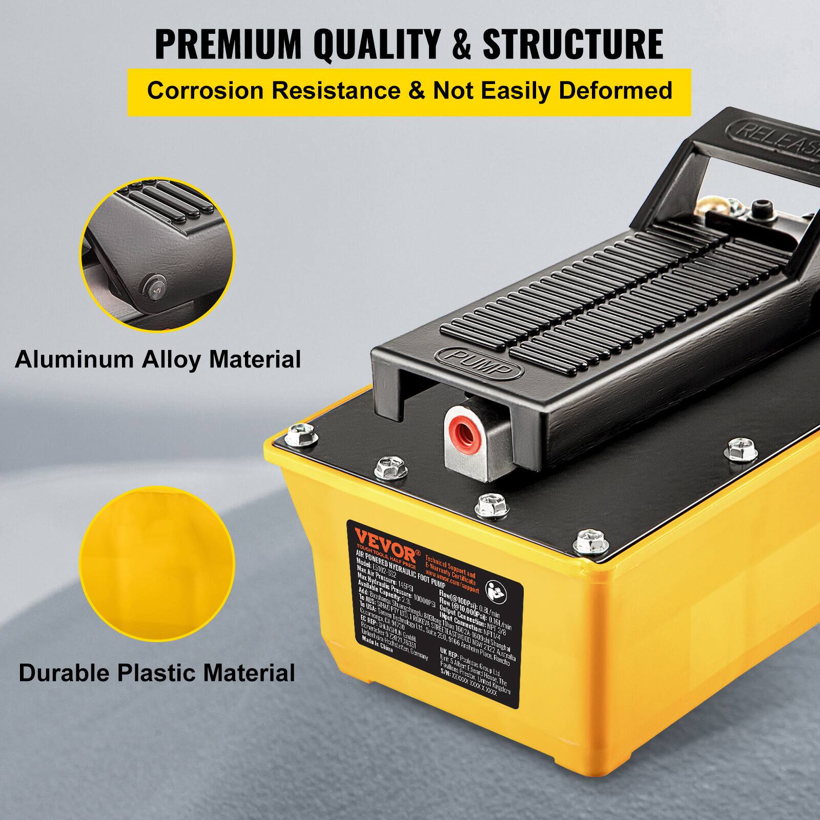 PREMIUM QUALITY & STRUCTURE  
Corrosion Resistance & Not Easily Deformed  

Aluminum Alloy Material  

VEVOR Model AUR  
Max Pressure: 10000 PSI  
Flow Rate: 0.3L/min  
Connection: 1/4" NPT  

Durable Plastic Material  

Made in China  

Technical Support  
E-Narranty  
Certificate