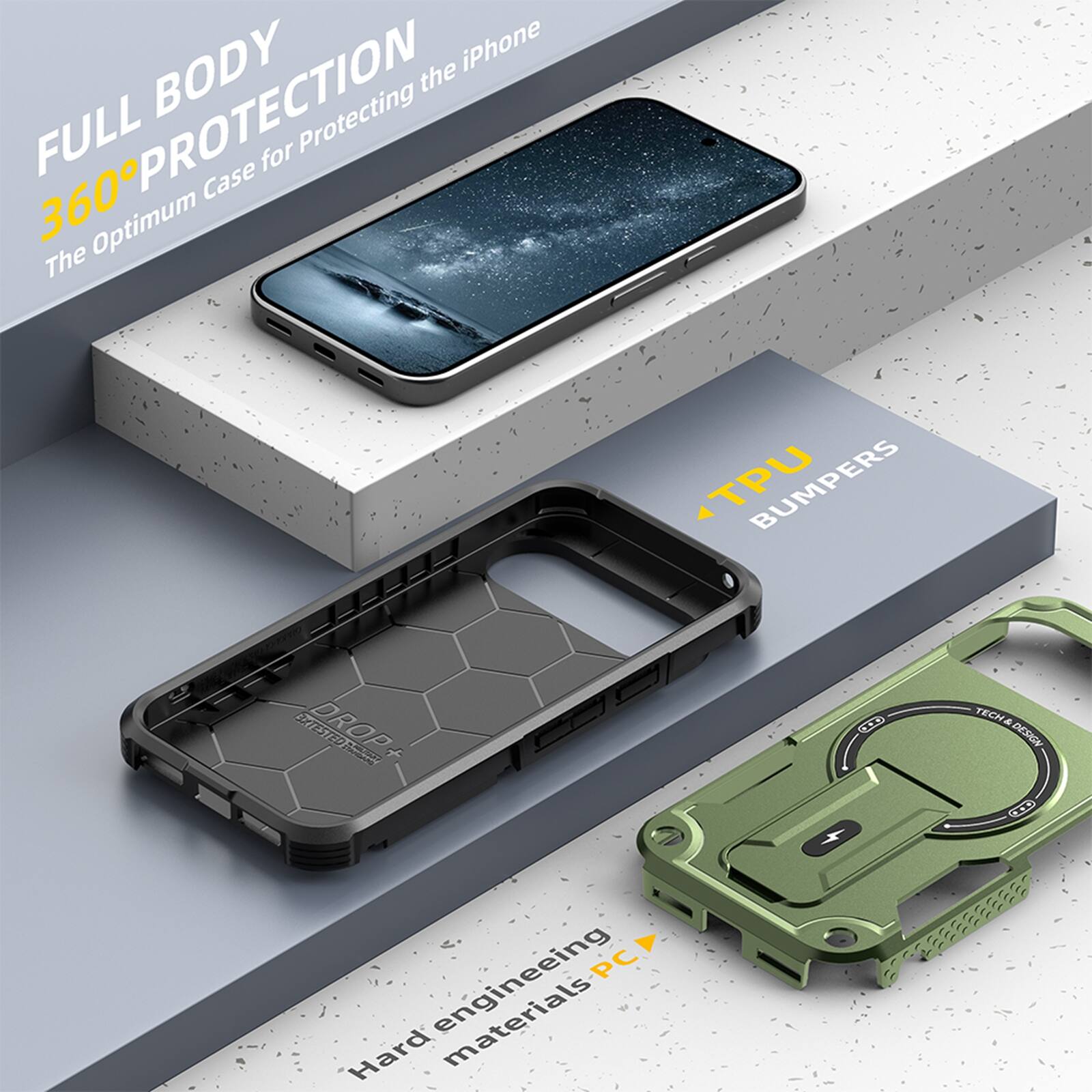 FULL BODY 360° PROTECTION  
The Optimum Case for Protecting the iPhone  

TPU BUMPERS  

Hard engineering materials PC  

DROP TESTED  

TECH DESIGN