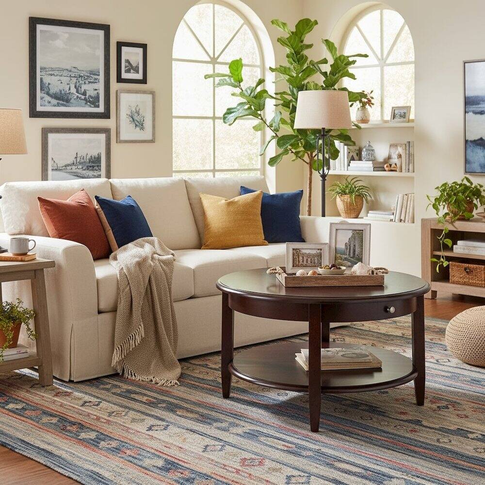 Alt View 1. FurniFact - Round Coffee Table with Drawer & Shelf - Walnut.