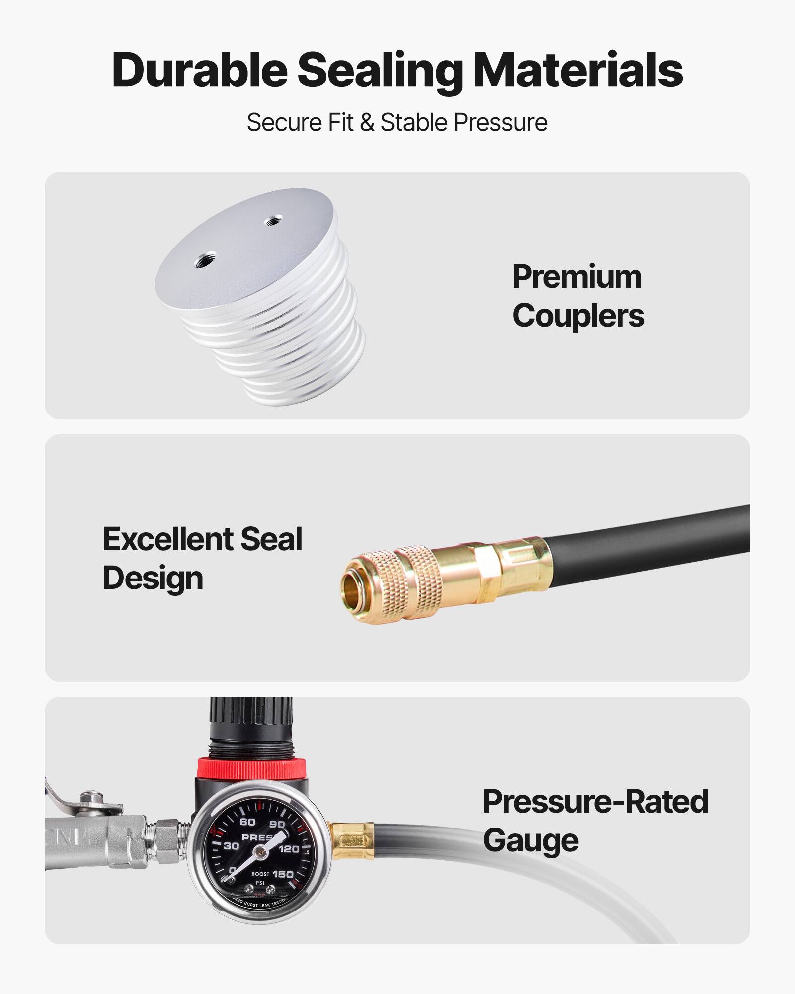 Durable Sealing Materials  
Secure Fit & Stable Pressure  

Premium Couplers  

Excellent Seal Design  

Pressure-Rated Gauge