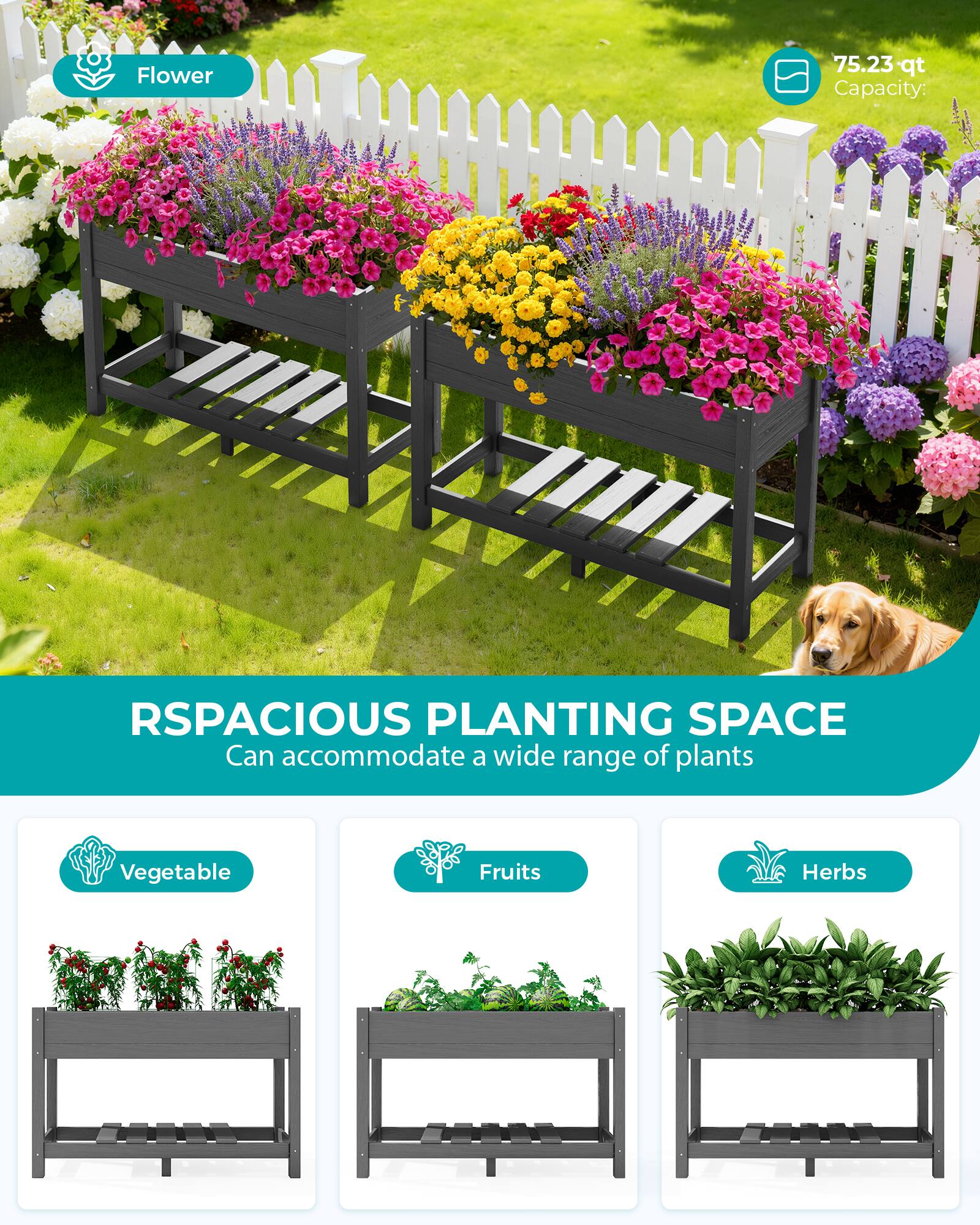 Flower

75.23 qt Capacity

RSPACIOUS PLANTING SPACE
Can accommodate a wide range of plants

Vegetable
Fruits
Herbs