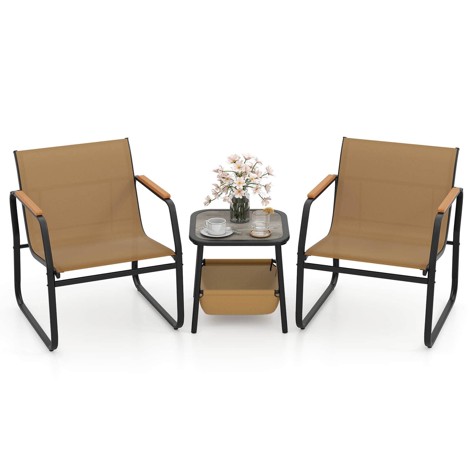 Costway - 3 PCS Patio Furniture Set with Breathable Mesh Fabric and Metal Frame Garden - Brown