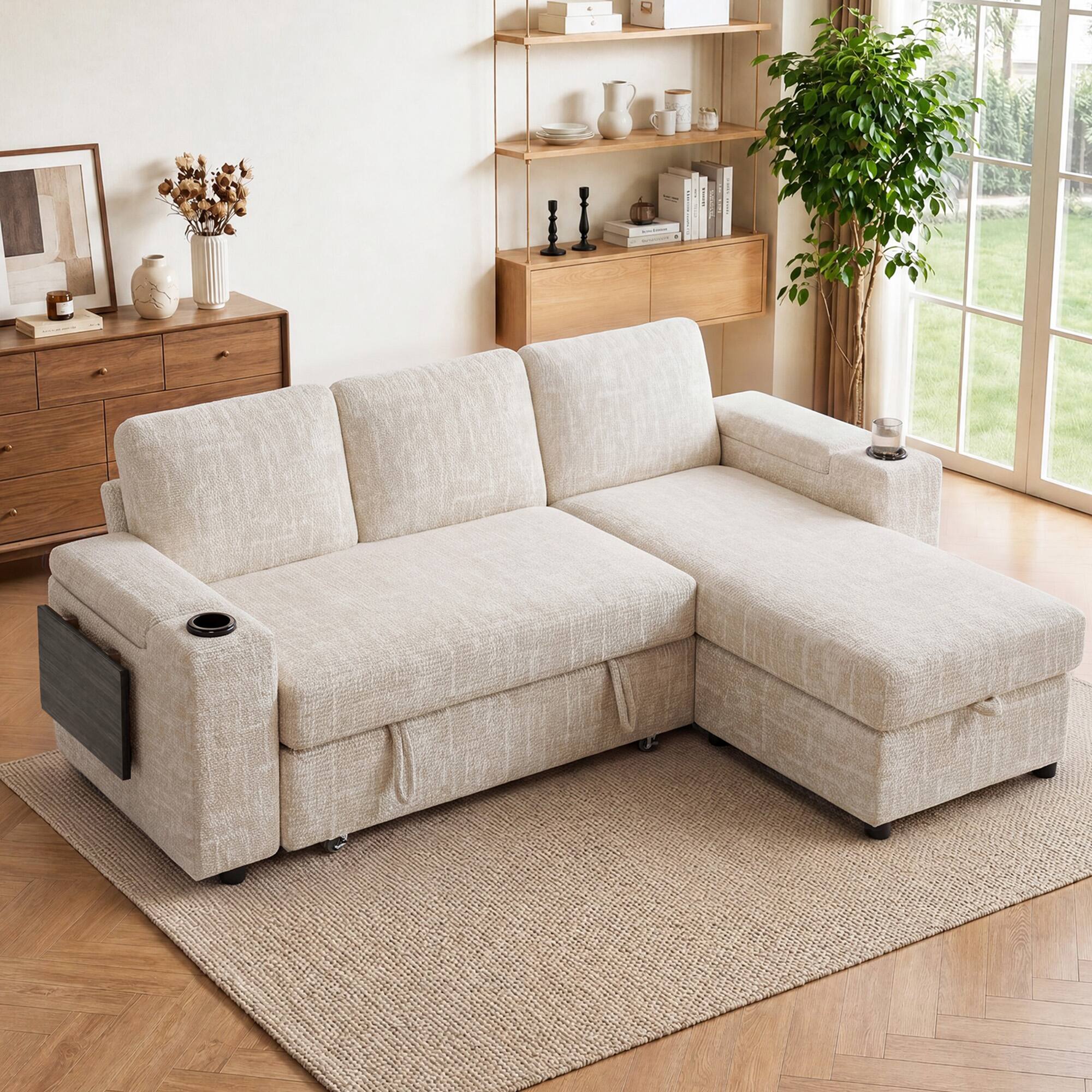Angle. Dyonery - 85" Modular Sectional Sleeper Sofa with Pull Out Bed, Chenille Couch with Storage/USB Ports/Cup Holders/Side Table - Beige.