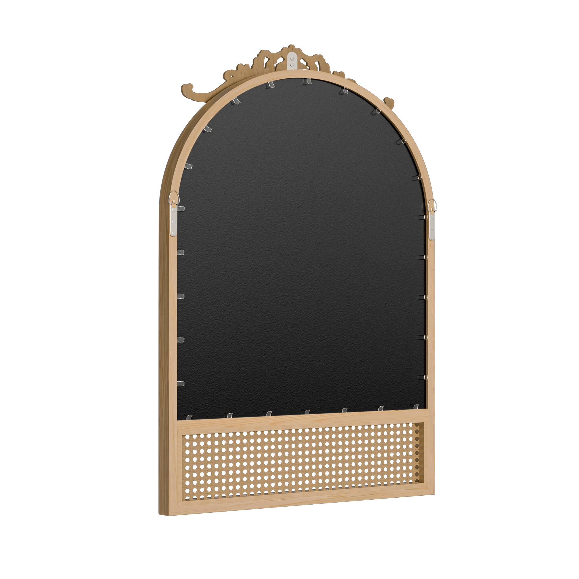 Back. Lirago - 36" x 24" rattan weaving Arched Hanging Bathroom Mirror with Gold Scratch-Resistant Aluminum Alloy Frame - Brown.