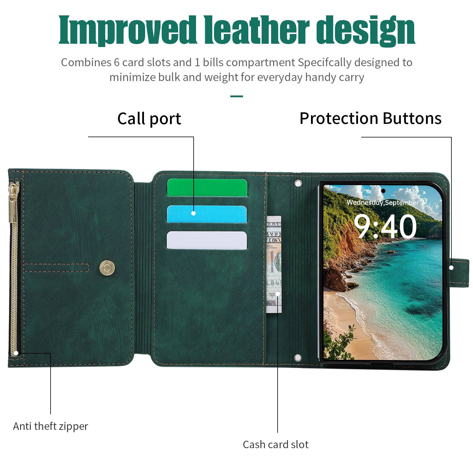 Improved leather design  
Combines 6 card slots and 1 bills compartment  
Specifically designed to minimize bulk and weight for everyday handy carry  

- Call port  
- Protection Buttons  
- Anti theft zipper  
- Cash card slot