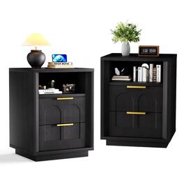 Loheer - 2 Piece Nightstand Set with Type-C Charging Station and Two Drawers - Black
