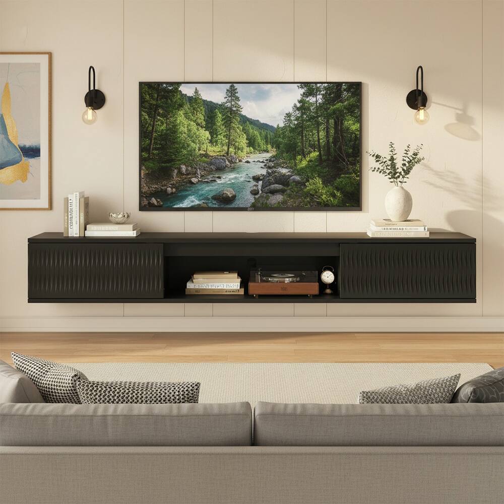 Spaco - 63" Floating TV Stand Wall Mounted with LED Lights, Cable Organizer,Entertainment Center Media Console for 55 60 65" TVs - Black