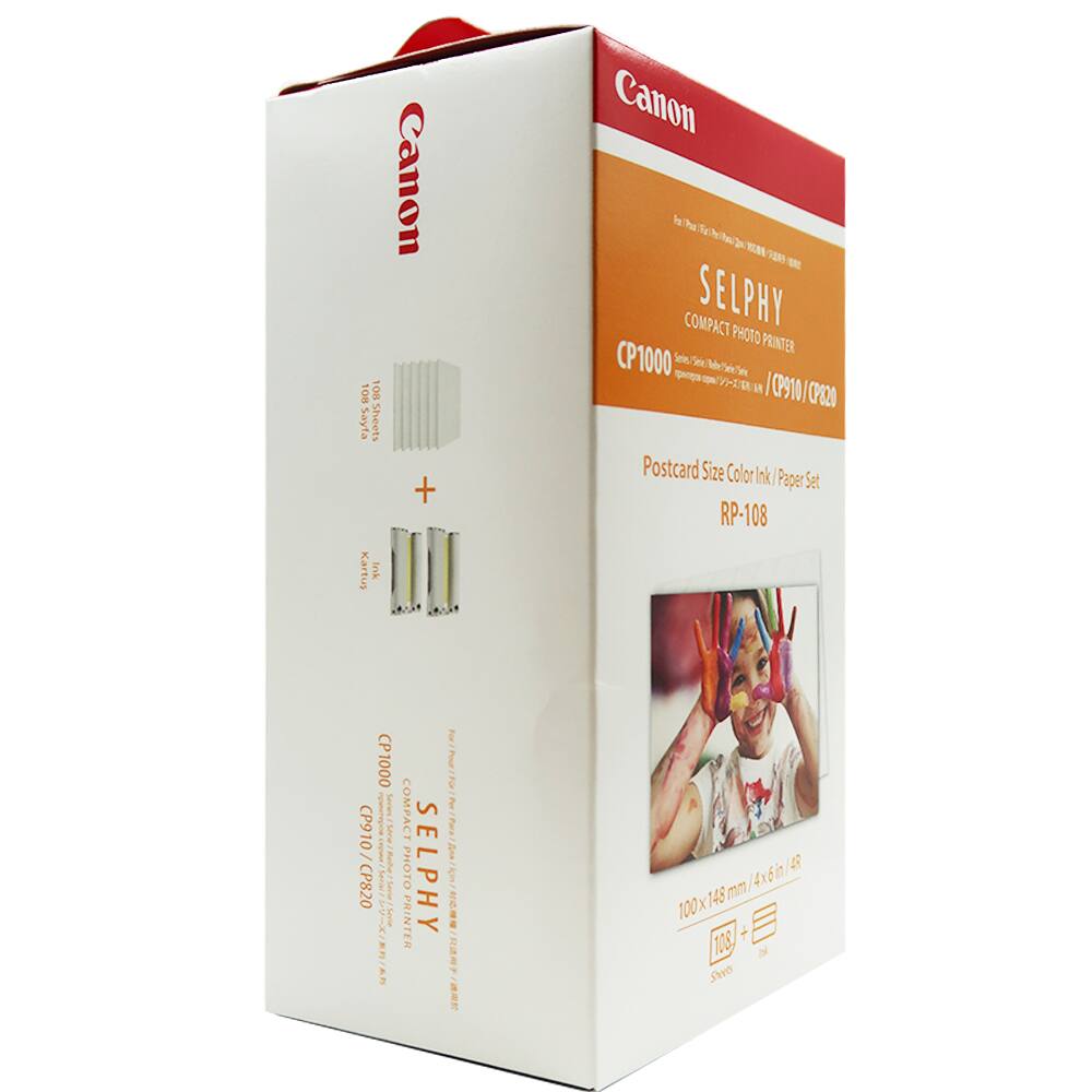 Canon SELPHY COMPACT PHOTO PRINTER  
CP1000 / CP910 / CP820  

Postcard Size Color Ink/Paper Set  
RP-108  

108 Sheets  
100 x 148 mm / 4x6in / 4R  

For use with:  
CP1000  
CP910  
CP820  

Canon Ink Cartridges