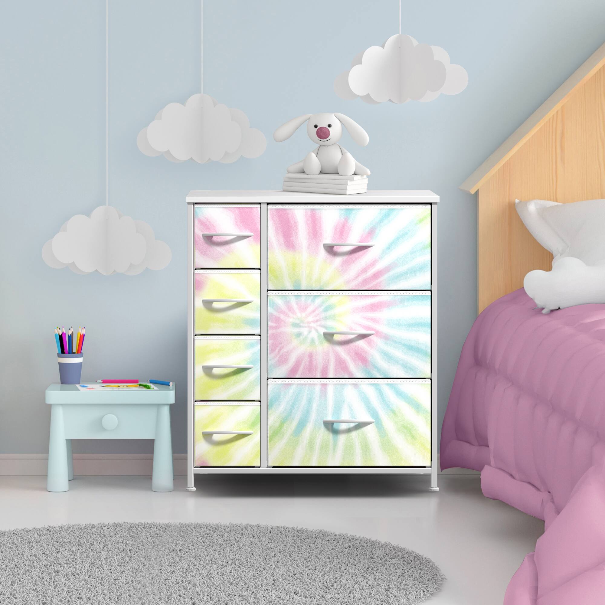 Angle. Sorbus - Sorbus Dresser with 7 Drawers - Storage Chest Organizer with Steel Frame, Wood Top, Handles, Fabric Bins - Tie Dye Rainbow.