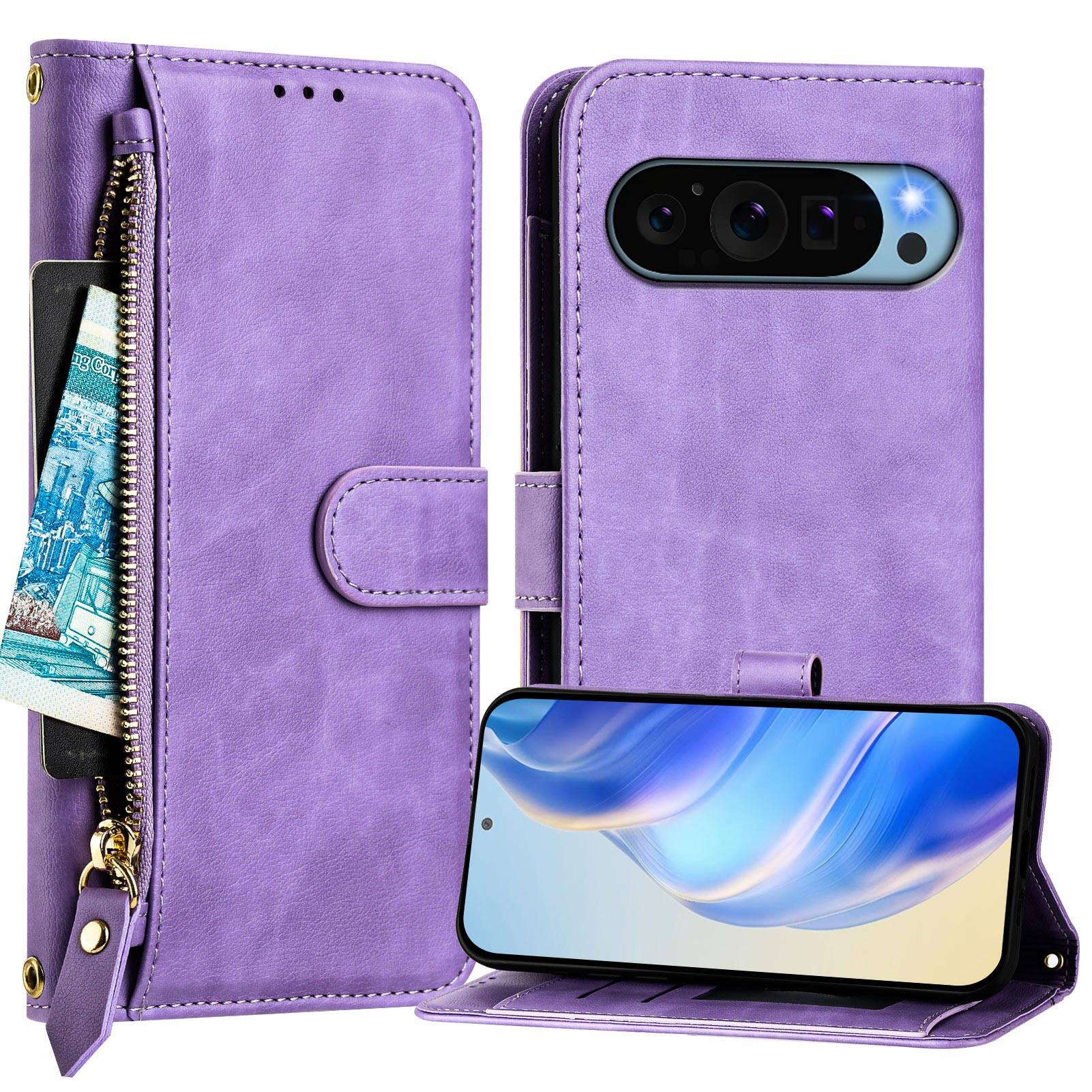 Angle. UUCOVER - Zipper Wallet Case for Google Pixel 11 Pro XL Magnetic PU Leather Card Slots Stand Cover with Shoulder / Wrist Strap - Purple.