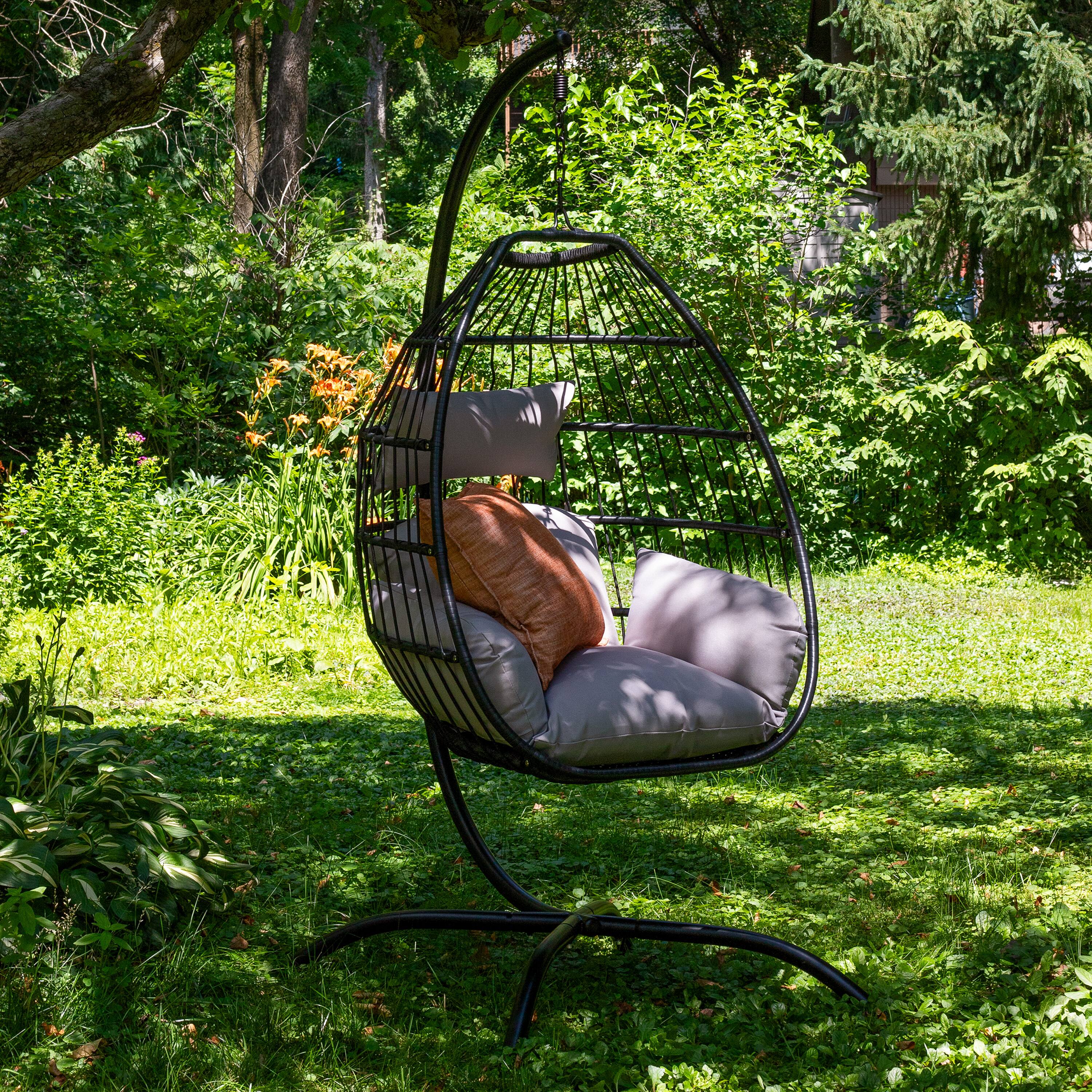 Alt View 3. Sunnydaze - Resin Wicker Hanging Egg Chair with Steel Stand/Cushions - Black.