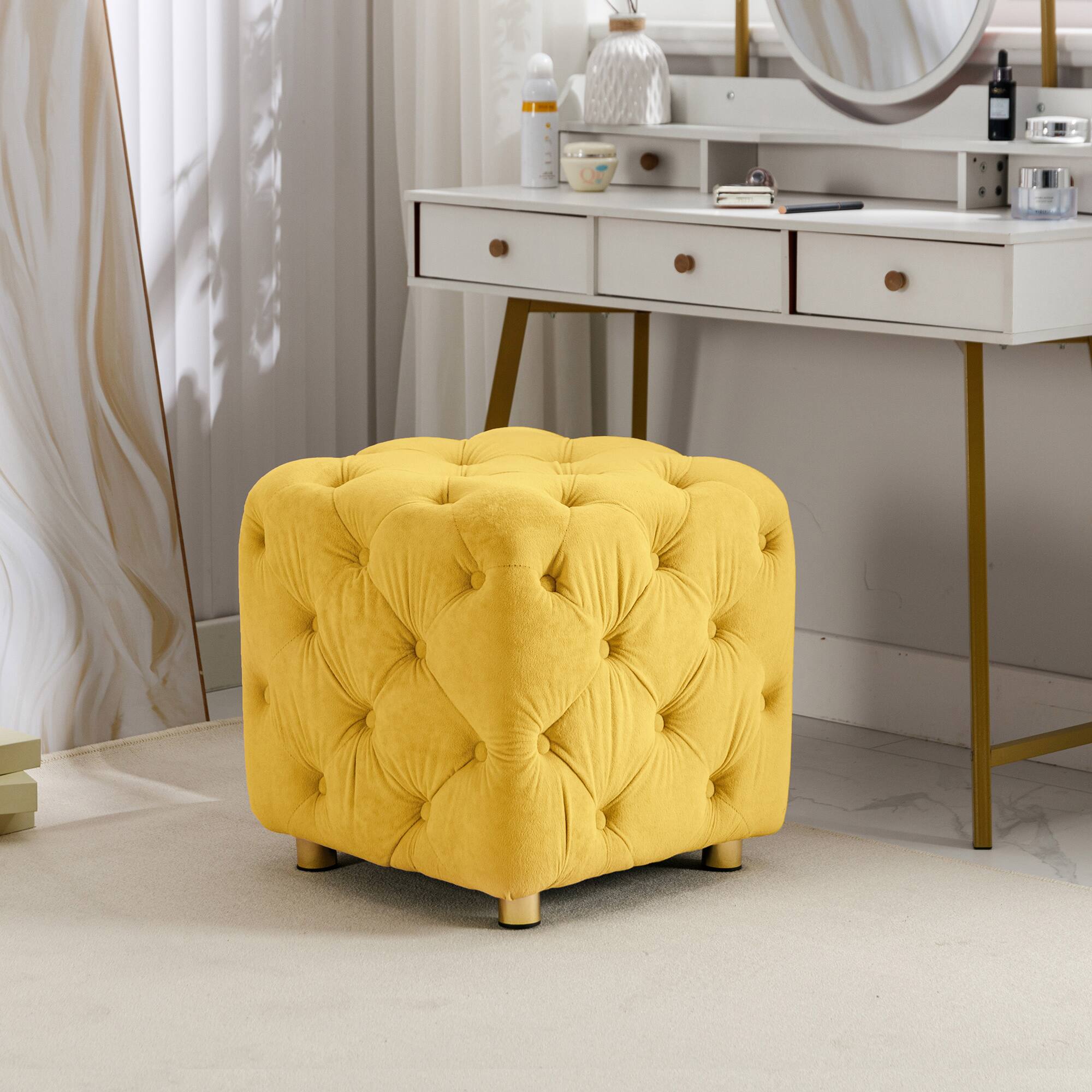 Left. GOODSILO - Modern Velvet Upholstered Ottoman with Storage, Versatile Foot Stool and End Table for Living Room and Bedroom - Yellow.